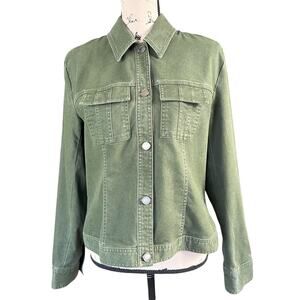 Ellen Tracy Company Denim Jacket Women Size 12 Olive Green Long Sleeve Button Up